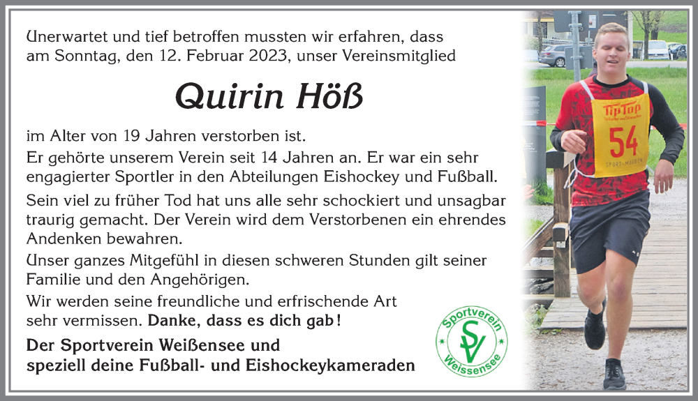  Traueranzeige für Quirin Höß vom 17.02.2023 aus Allgäuer Zeitung, Füssen