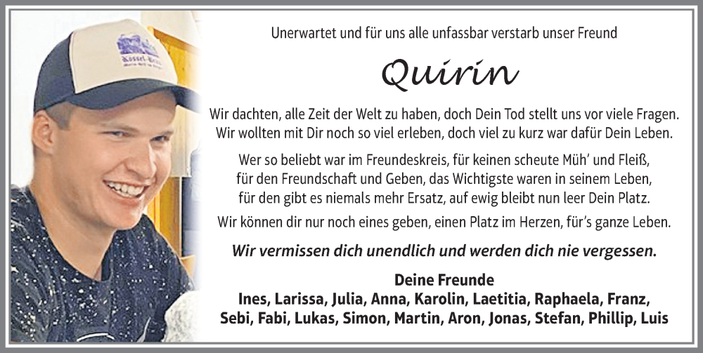  Traueranzeige für Quirin Höß vom 17.02.2023 aus Allgäuer Zeitung, Füssen