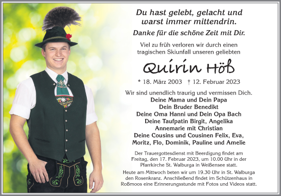Traueranzeige von Quirin Höß von Allgäuer Zeitung, Füssen