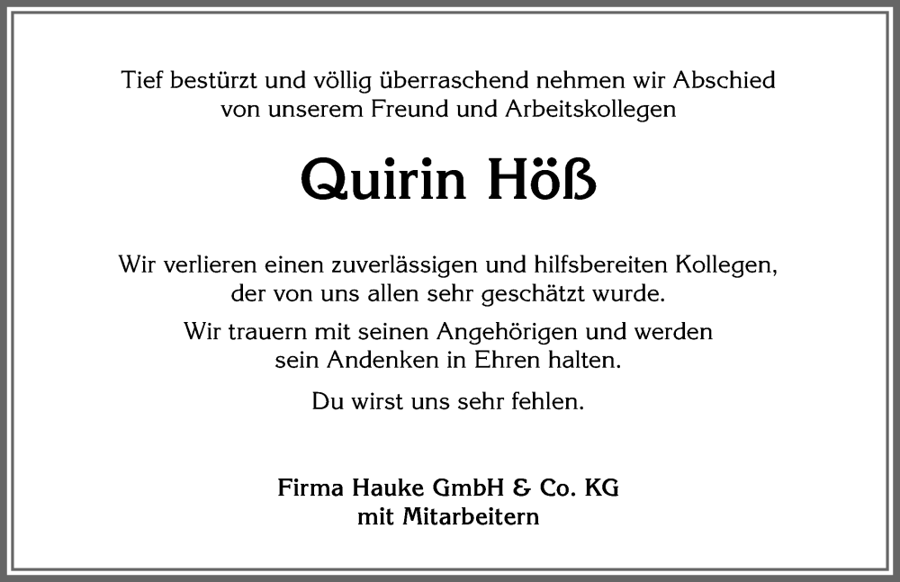  Traueranzeige für Quirin Höß vom 17.02.2023 aus Allgäuer Zeitung, Füssen