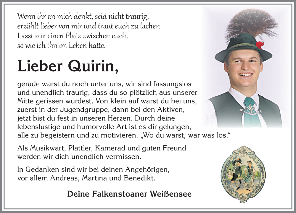  Traueranzeige für Quirin Höß vom 17.02.2023 aus Allgäuer Zeitung, Füssen