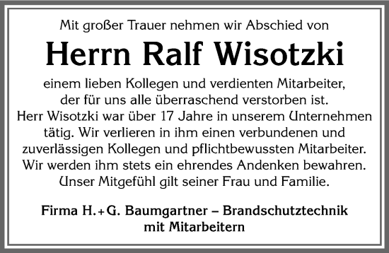 Traueranzeige von Ralf Wisotzki von Allgäuer Zeitung,Kempten