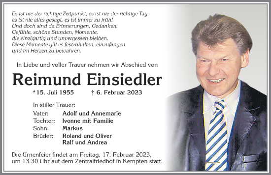 Traueranzeige von Reimund Einsiedler von Allgäuer Zeitung,Kempten
