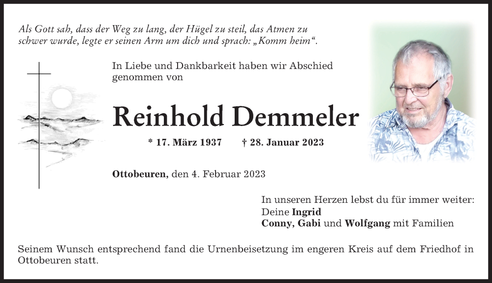  Traueranzeige für Reinhold Demmeler vom 04.02.2023 aus Memminger Zeitung