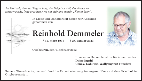 Traueranzeige von Reinhold Demmeler von Memminger Zeitung