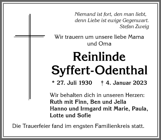 Traueranzeige von Reinlinde Syffert-Odenthal von Allgäuer Anzeigeblatt