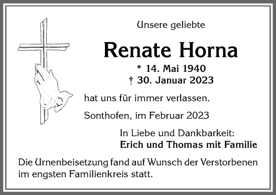 Traueranzeige von Renate Horna von Allgäuer Anzeigeblatt