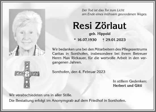 Traueranzeige von Resi Zörlaut von Allgäuer Anzeigeblatt