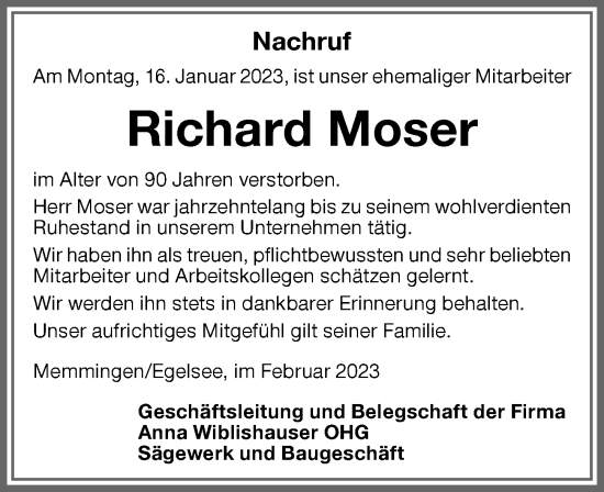 Traueranzeige von Richard Moser von Memminger Zeitung