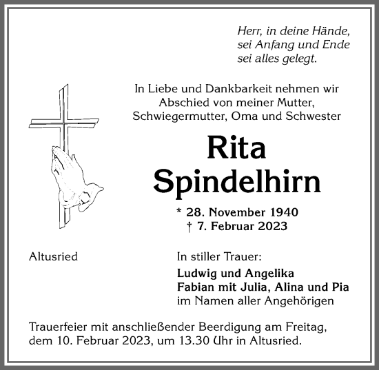Traueranzeige von Rita Spindelhirn von Allgäuer Zeitung,Kempten