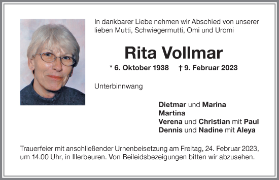 Traueranzeige von Rita Vollmar von Memminger Zeitung