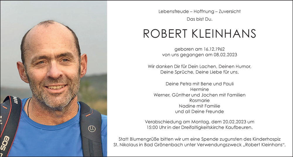  Traueranzeige für Robert Kleinhans vom 18.02.2023 aus Allgäuer Zeitung, Kaufbeuren/Buchloe