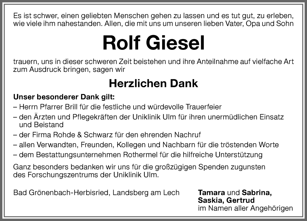  Traueranzeige für Rolf Giesel vom 01.02.2023 aus Memminger Zeitung
