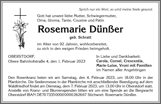 Traueranzeige von Rosemarie Dünßer von Allgäuer Anzeigeblatt