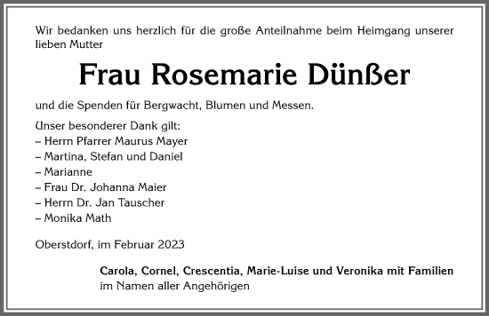 Traueranzeige von Rosemarie Dünßer von Allgäuer Anzeigeblatt