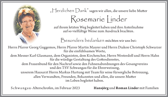 Traueranzeige von Rosemarie Linder von Allgäuer Zeitung, Füssen