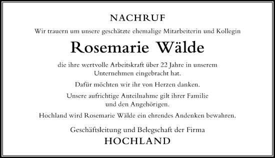 Traueranzeige von Rosemarie Wälde von Der Westallgäuer