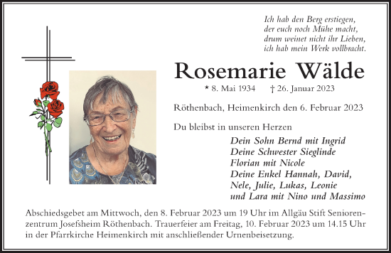 Traueranzeige von Rosemarie Wälde von Der Westallgäuer