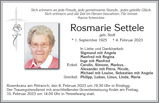 Traueranzeige von Rosmarie Settele von Allgäuer Zeitung, Füssen