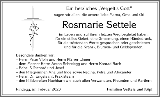 Traueranzeige von Rosmarie Settele von Allgäuer Zeitung, Füssen