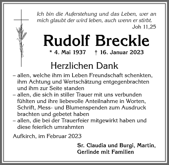 Traueranzeige von Rudolf Breckle von Allgäuer Zeitung, Kaufbeuren/Buchloe