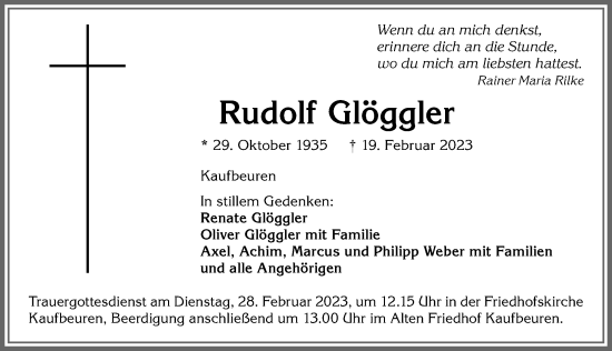 Traueranzeige von Rudolf Glöggler von Allgäuer Zeitung, Kaufbeuren/Buchloe