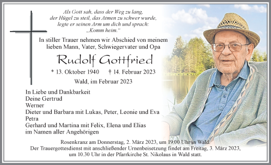 Traueranzeige von Rudolf Gottfried von Allgäuer Zeitung, Marktoberdorf