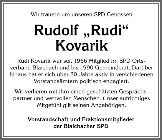 Traueranzeige von Rudolf Kovarik von Allgäuer Anzeigeblatt