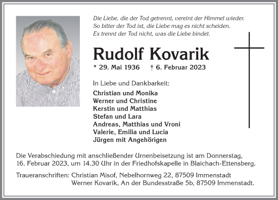 Traueranzeige von Rudolf Kovarik von Allgäuer Anzeigeblatt