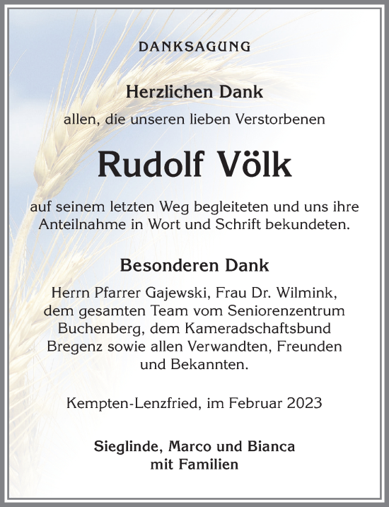 Traueranzeige von Rudolf Völk von Allgäuer Zeitung,Kempten