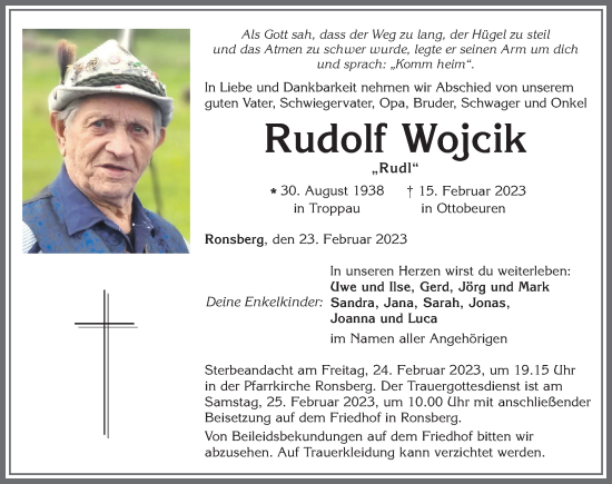 Traueranzeige von Rudolf Wojcik von Memminger Zeitung