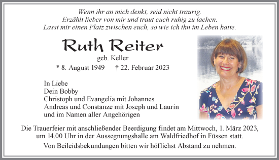Traueranzeige von Ruth Reiter von Allgäuer Zeitung, Füssen