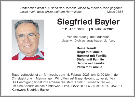 Traueranzeige von Siegfried Bayler von Memminger Zeitung