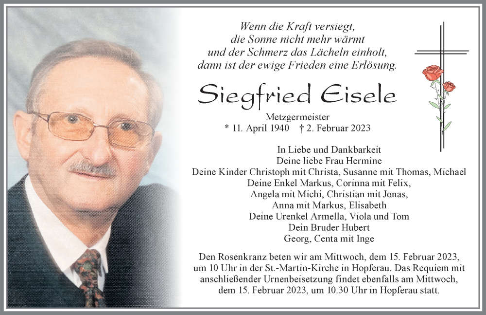  Traueranzeige für Siegfried Eisele vom 11.02.2023 aus Allgäuer Zeitung, Füssen