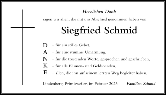 Traueranzeige von Siegfried Schmid von Der Westallgäuer