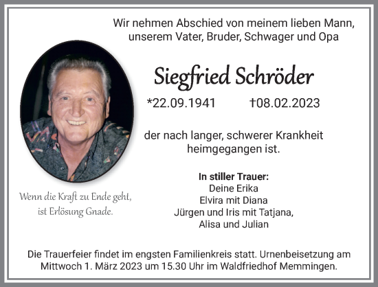 Traueranzeige von Siegfried Schröder von Memminger Zeitung