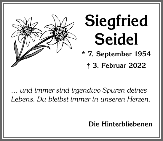 Traueranzeige von Siegfried Seidel von Allgäuer Zeitung,Kempten