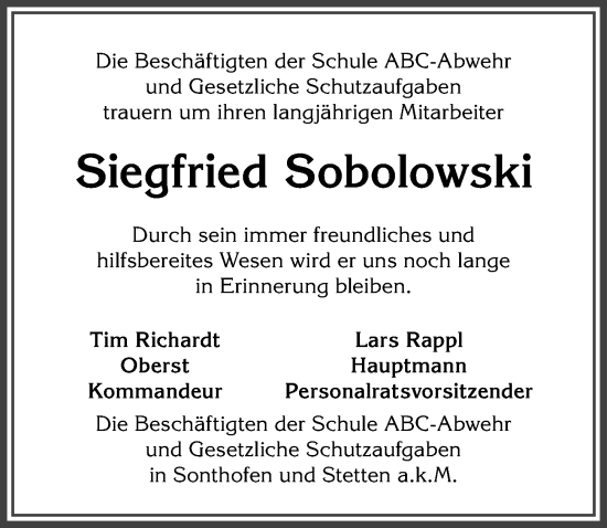 Traueranzeige von Siegfried Sobolowski von Allgäuer Anzeigeblatt