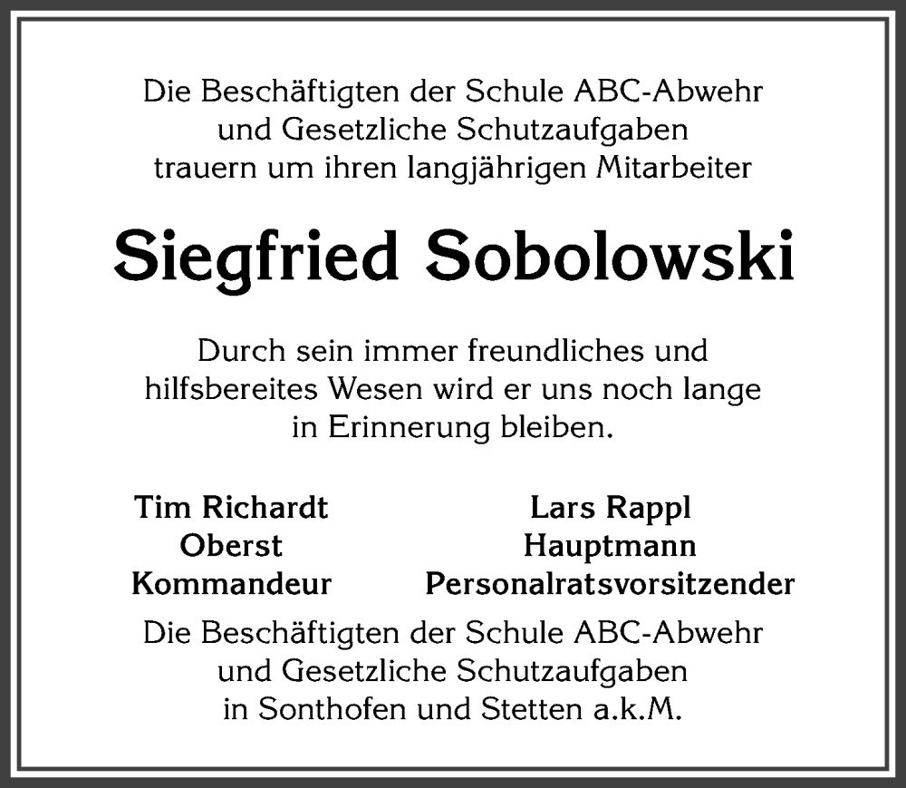  Traueranzeige für Siegfried Sobolowski vom 06.02.2023 aus Allgäuer Anzeigeblatt