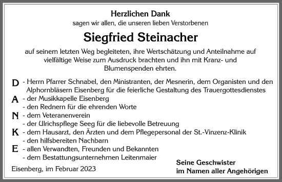 Traueranzeige von Siegfried Steinacher von Allgäuer Zeitung, Füssen
