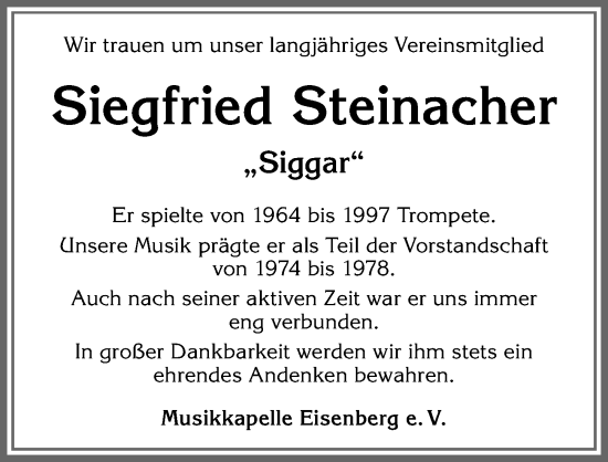 Traueranzeige von Siegfried Steinacher von Allgäuer Zeitung, Füssen