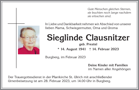Traueranzeige von Sieglinde Clausnitzer von Allgäuer Anzeigeblatt