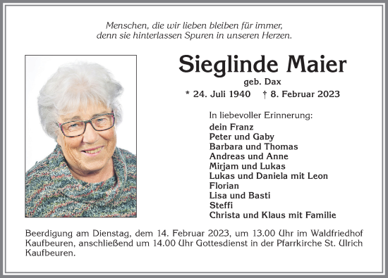 Traueranzeige von Sieglinde Maier von Allgäuer Zeitung, Kaufbeuren/Buchloe