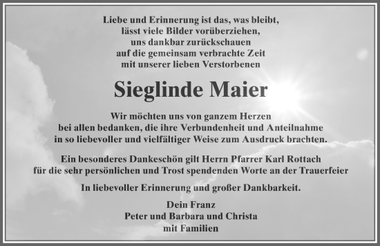 Traueranzeige von Sieglinde Maier von Allgäuer Zeitung, Kaufbeuren/Buchloe