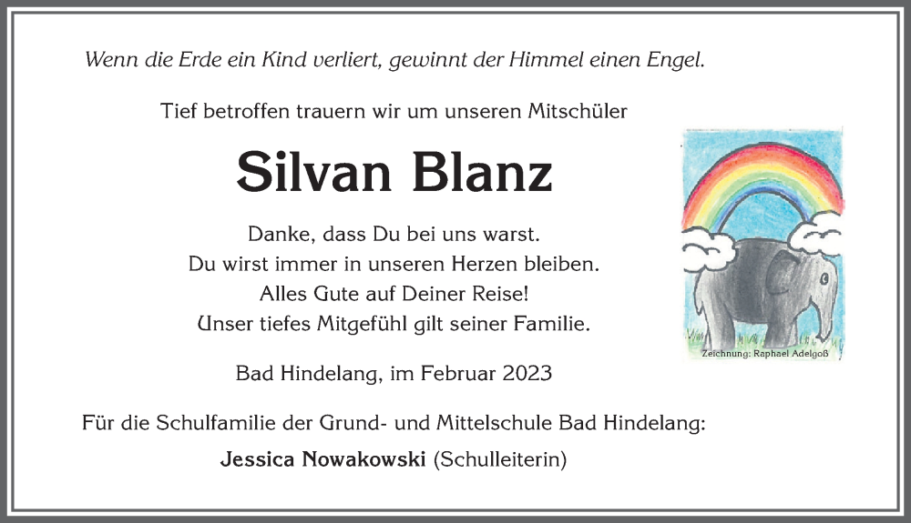  Traueranzeige für Silvan Blanz vom 04.02.2023 aus Allgäuer Anzeigeblatt