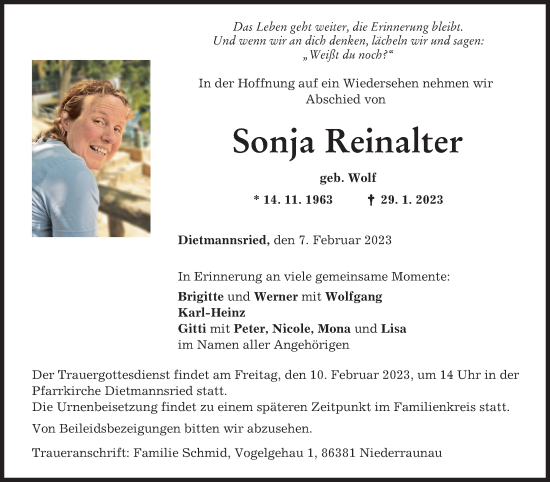 Traueranzeige von Sonja Reinalter von Allgäuer Zeitung,Kempten