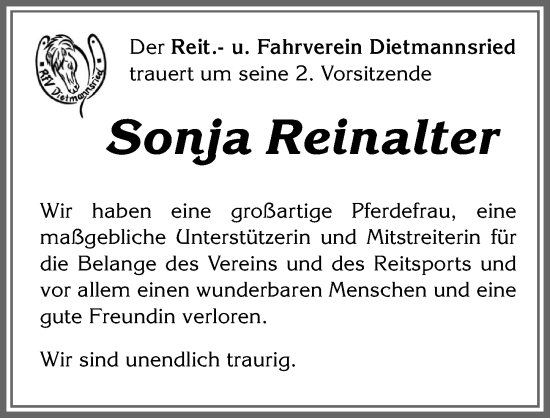 Traueranzeige von Sonja Reinalter von Allgäuer Zeitung, Gesamtausgabe