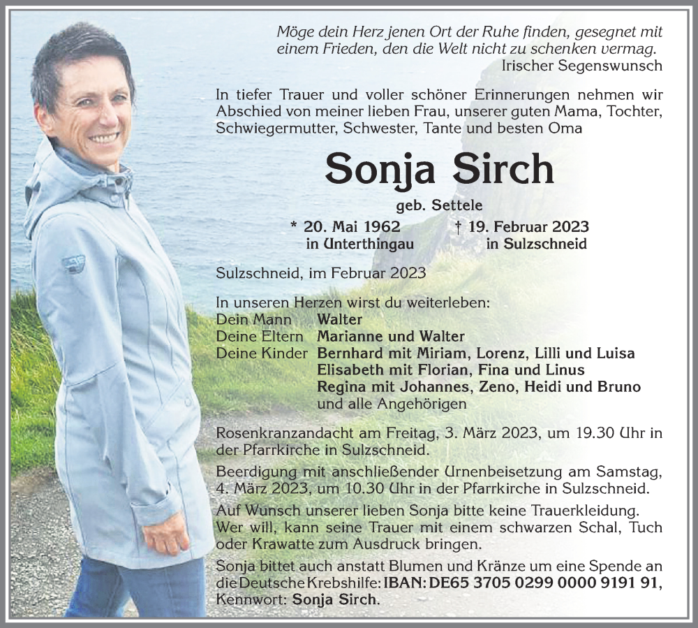  Traueranzeige für Sonja Sirch vom 25.02.2023 aus Allgäuer Zeitung, Marktoberdorf