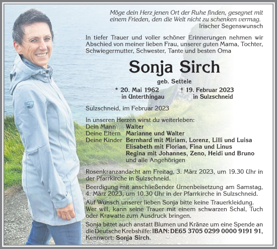 Traueranzeige von Sonja Sirch von Allgäuer Zeitung, Marktoberdorf