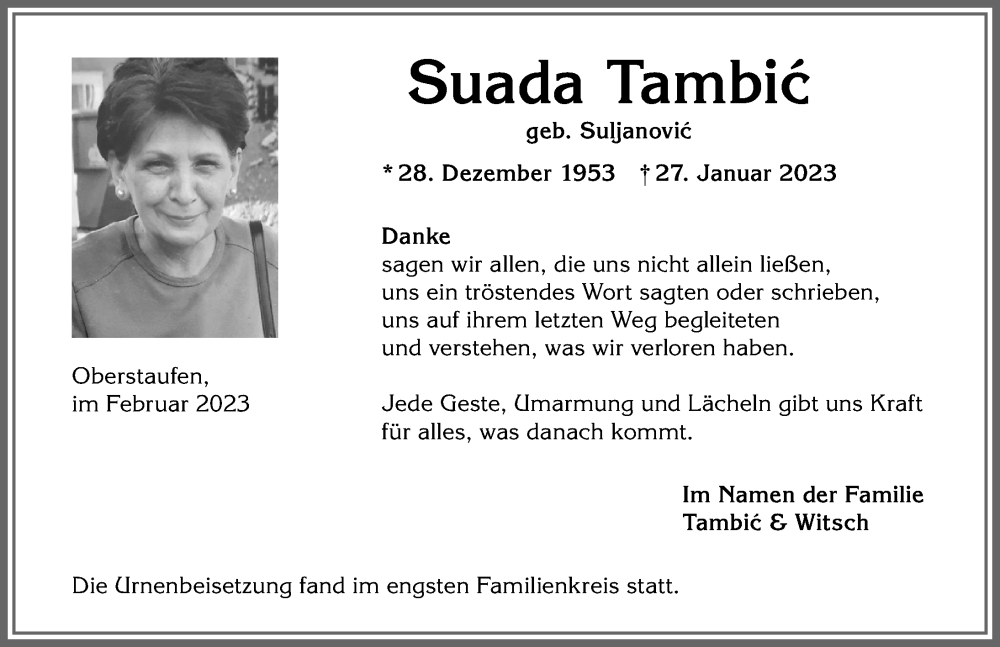  Traueranzeige für Suada Tambic vom 25.02.2023 aus Allgäuer Anzeigeblatt